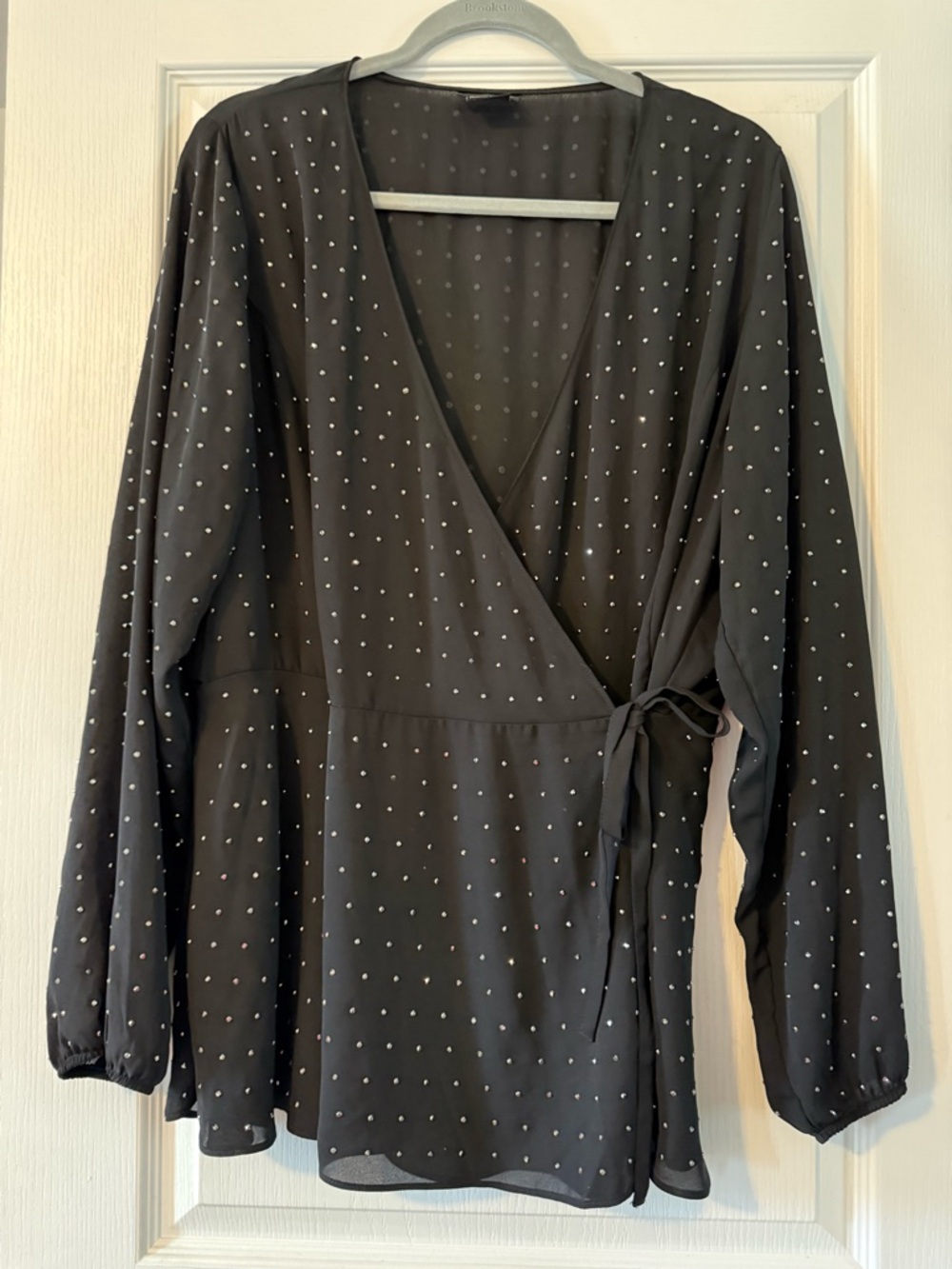 Wrap Front Long Sleeve Blouse in Black with Shiny Dot Accent - City Chic - M/18